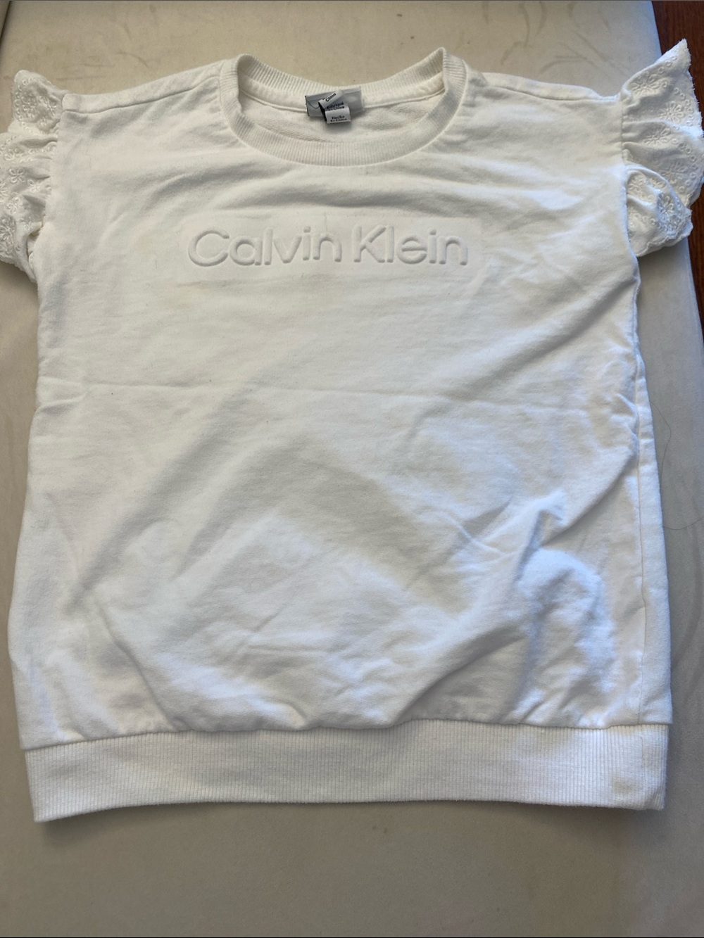 Calvin Klein White Girls' Short Sleeve Tee with Lace Ruffle Sleeves